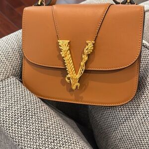 Versace Virtus small top handle shoulder bag in brown smooth leather.